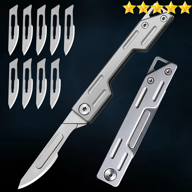 Cuchillo plegable de acero inoxidable con 9 cuchillas desechables, Kit afilado para manualidades, gran oferta