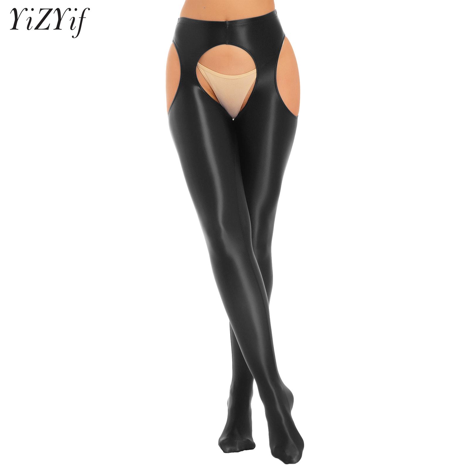 Kobiety błyszczące drążą krocza Sexy porno rajstopy średnio wysoka talia rajstopy wycięcie otwarte krocza legginsy Solid Color Footed Stocking