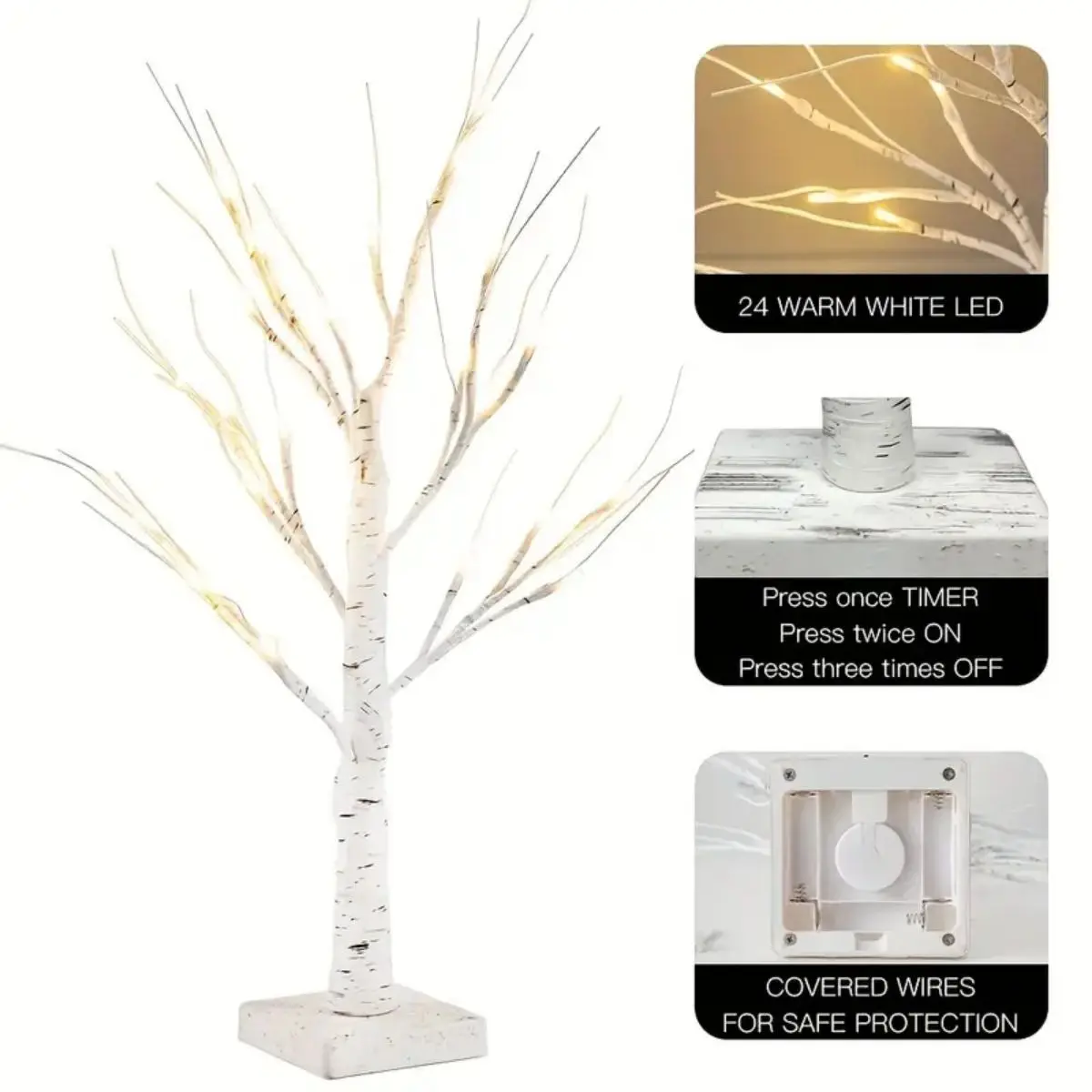 1 peça 24 led árvore de páscoa, ramos ajustáveis de árvore de bétula 3aa e fonte de alimentação usb, luz decorativa de árvore de quarto (sem bateria)