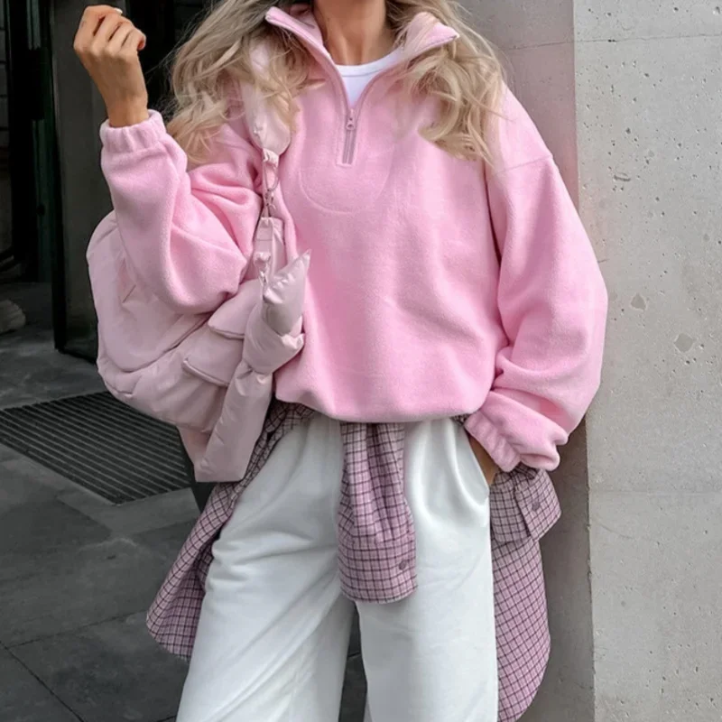 Różowa zimowa bluza z polaru jagnięcego damska luźna gruba rozpinana z długim rękawem i klapami, bluza damska streetwear KPOP