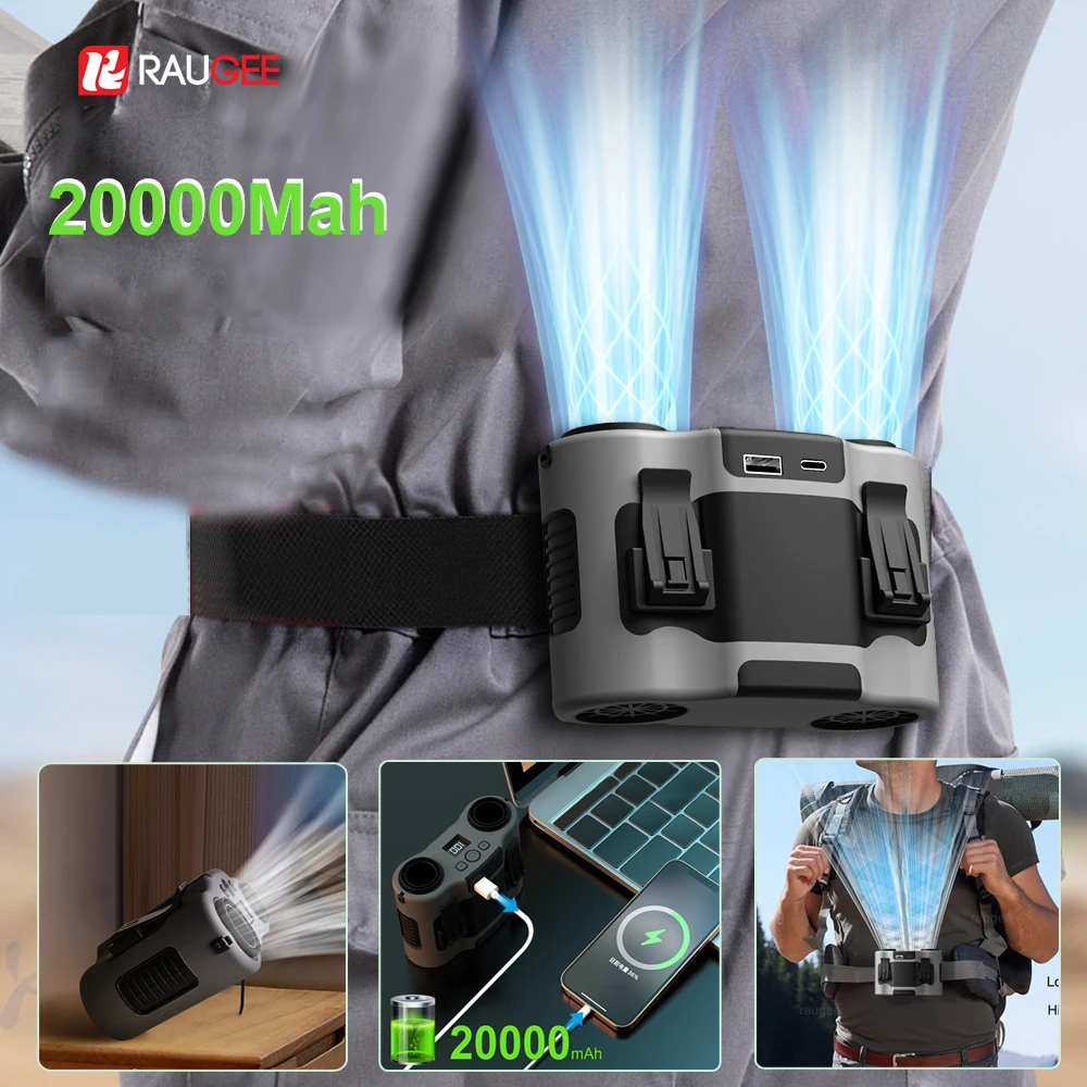 Ventilador portátil con Clip para cintura, Mini ventilador colgante recargable por USB para trabajo al aire libre, ventilador de cintura con doble salida de aire de 20000Mah