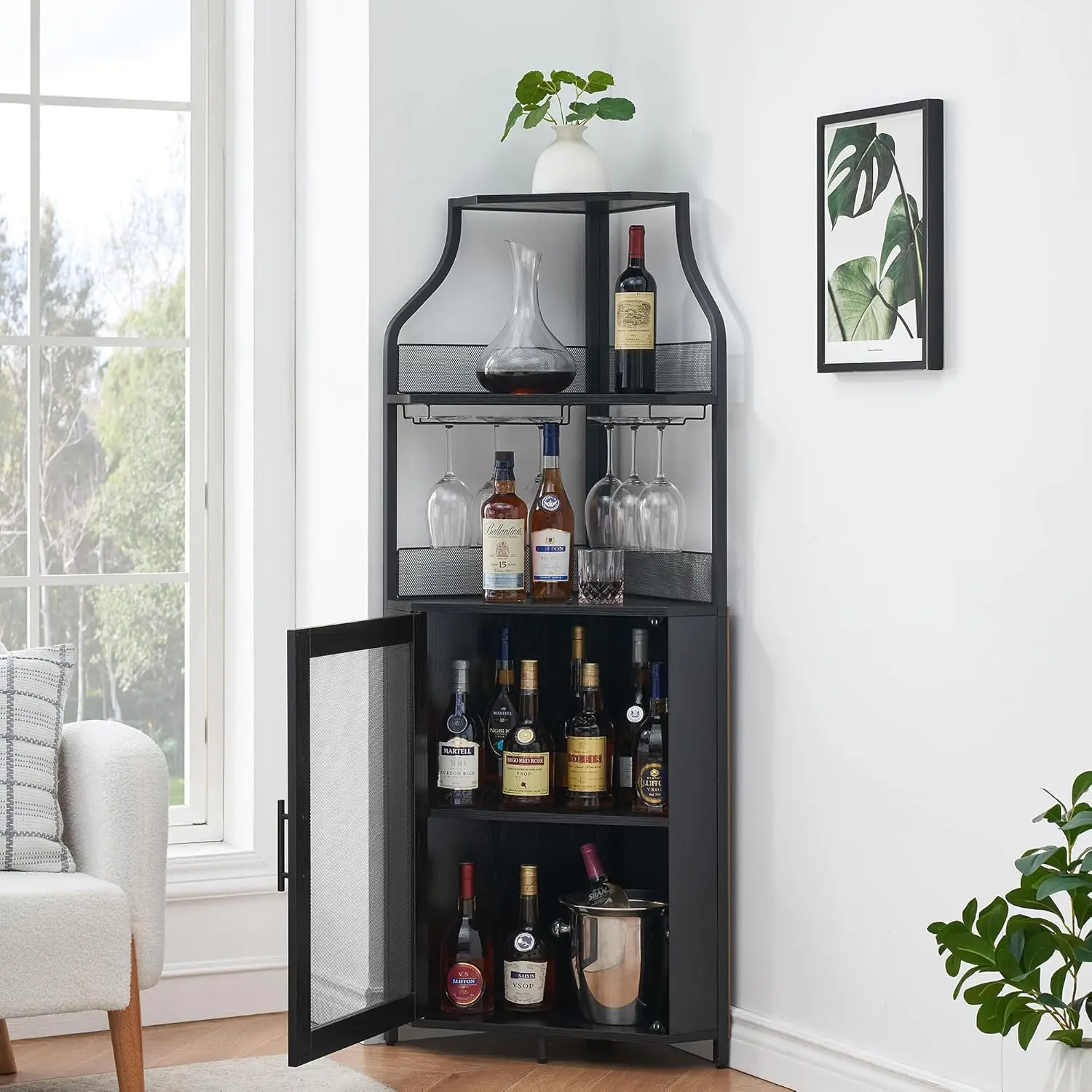 Corner Bar Cabinet, Wine Bar Cabinet with Large Storage Space and Detachable Wine Rack, Wine Cabinets with Glass Holder