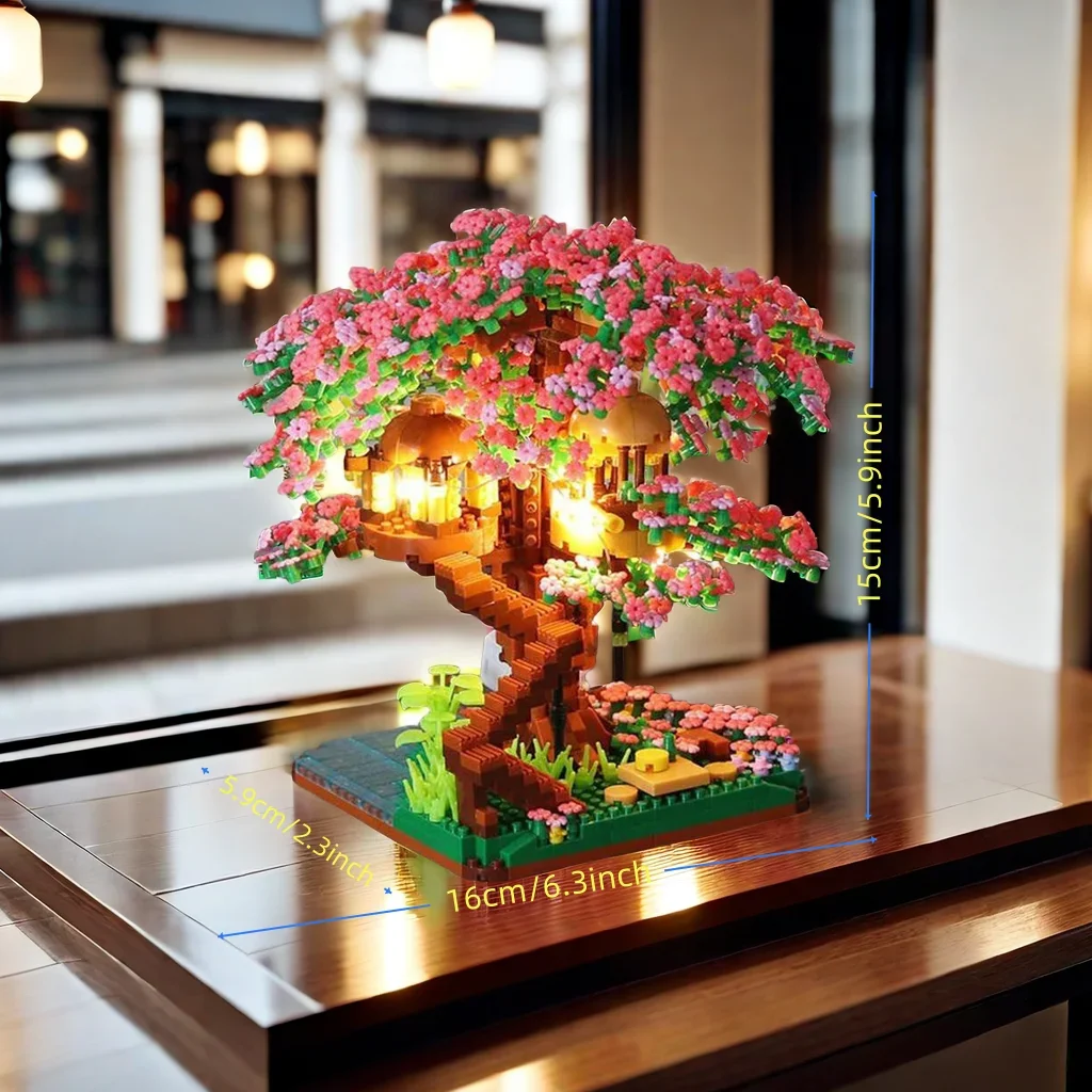Sakura Tree Micro Blocks met LED-verlichting - Kersenbloesem Boomhut Model, 3D Romantisch Nachtgloed Decor, Doordacht Cadeau voor haar