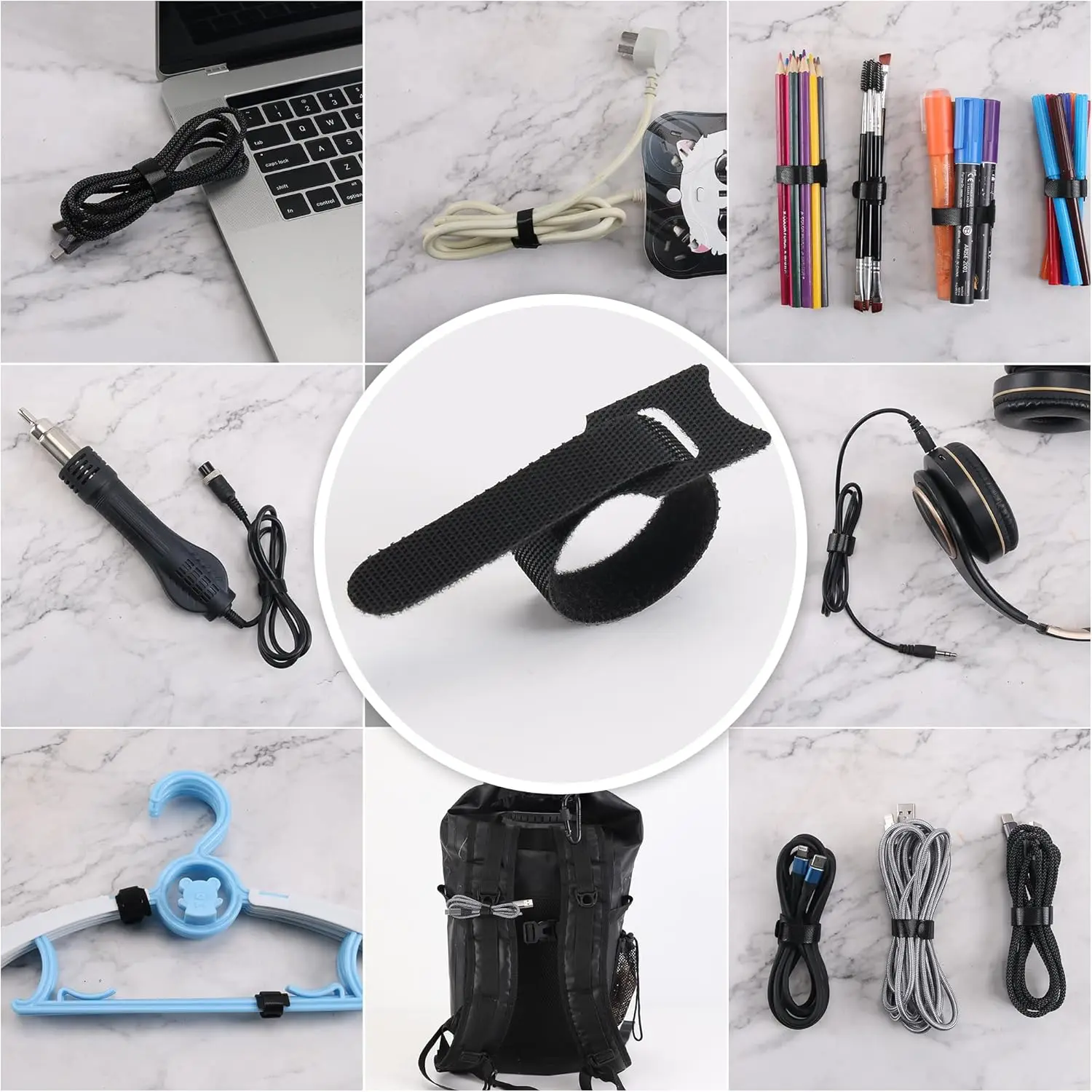Releasable Cable Ties Black Nylon Loop and Hoop Fastener Tape Cord Straps Wire Organizer Multi-Purpose Bundling Wrap Tie
