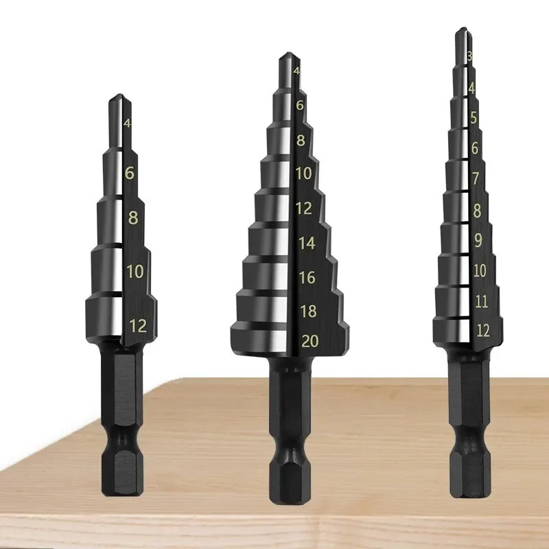 Set di 3 punte da trapano per scaletta con scanalatura diritta con codolo esagonale nero, alesatura e apertura dei fori, set di strumenti per trapano a pagoda annerita