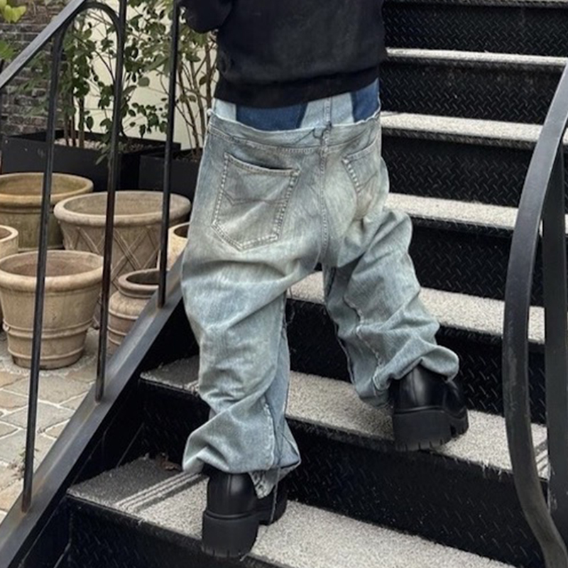 CUT-UP dubbellaagse patchwork baggy jeans met dubbele taille voor heren en dames Rechte casual losse denimbroek Oversized