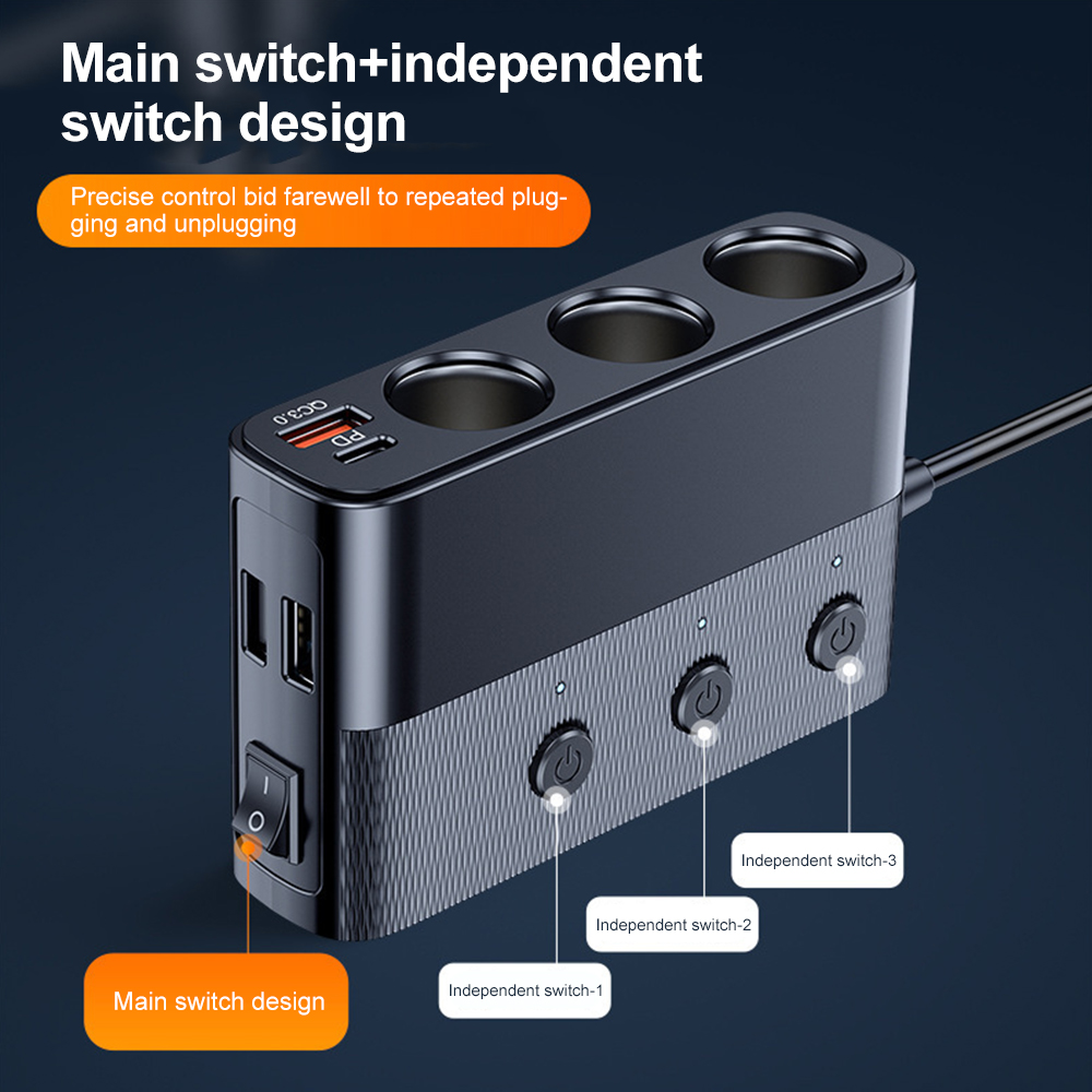 128 ワット 7 で 1 車の充電器アダプタデュアル USB 充電 3 ポート高速ソケット多機能シガーライタースプリッタ充電スイッチ付き