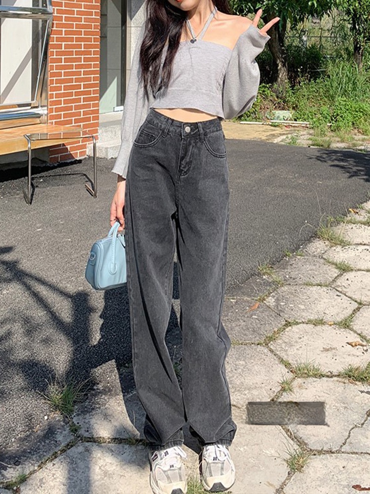 Slimming High Waist Fleece Lined Denim Jeans Women's Spring Short plus Size Drapey Loose Wide Leg Long Pants Straight Cut