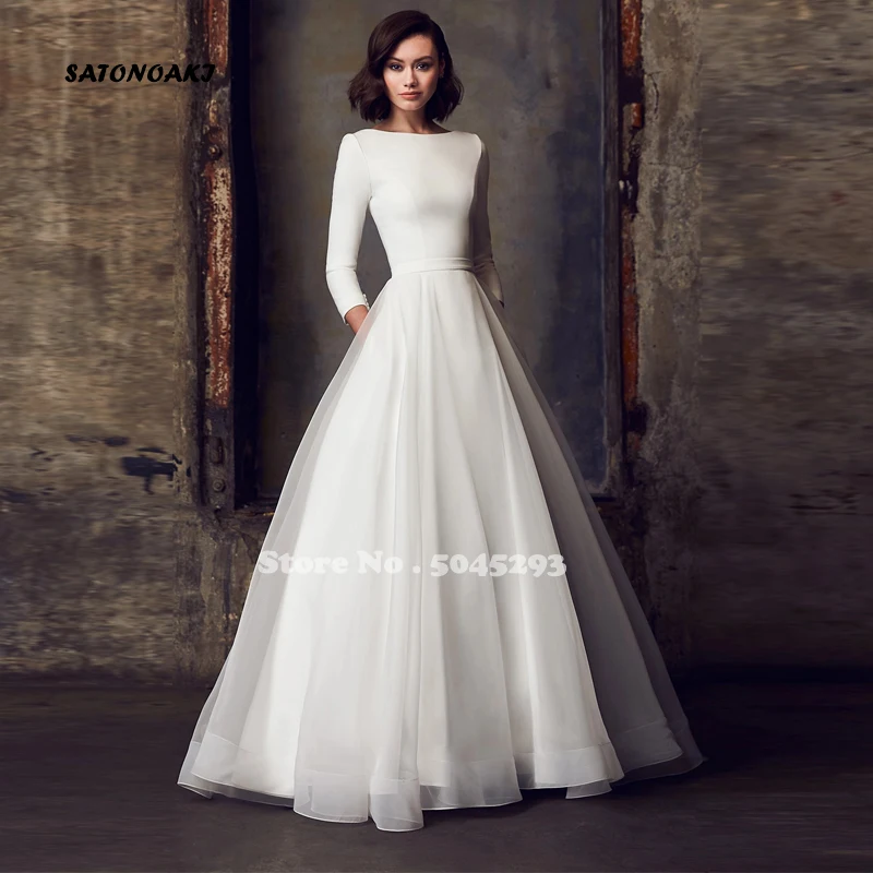 Abito da sposa principessa semplice personalizzato per la sposa A-Line maniche lunghe Sweep Train Abiti da sposa Robe Mariée Abiti da sposa