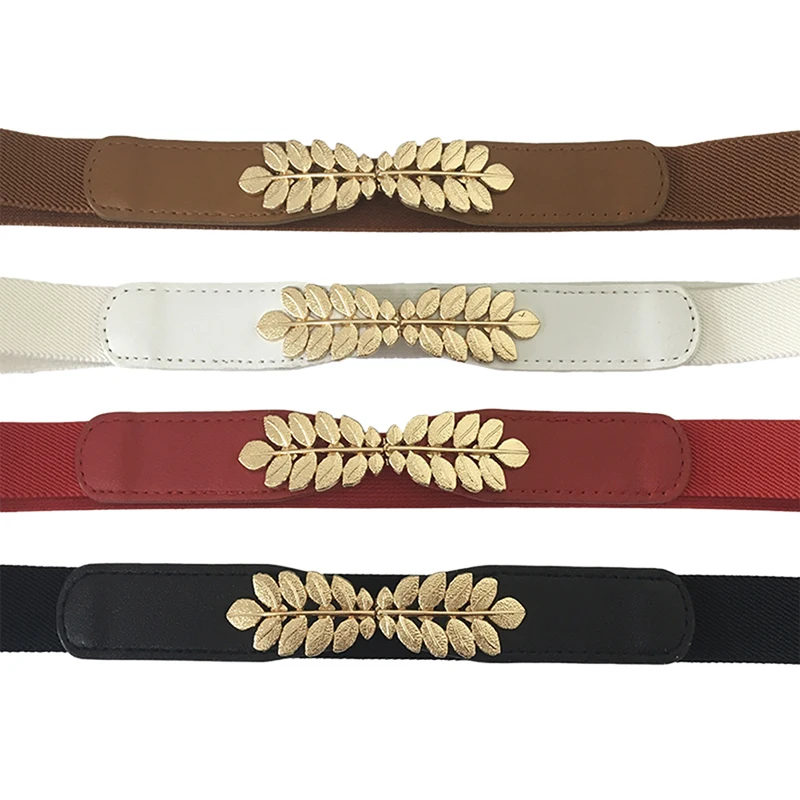 Mode Blad Taillebanden Rekbare Dame Hot Elastische Cummerbunds Voor Vrouwen Donkerblauwe Riem Jurk Goud Dubbele Metalen Gesp Tailleband