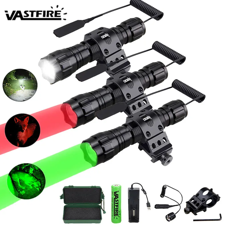 Taktische Jagd Taschenlampe Weiß/Rot/Grün Led Taschenlampe Waffe Gun Licht + Zielfernrohr Airsoft Halterung + Schalter + 18650 + USB Ladegerät + Box