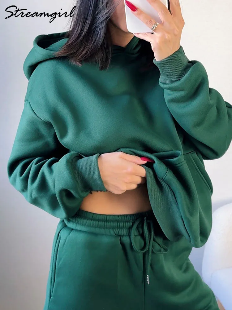 Winter Sweat Suit Set Women Fleece Hoodies Two Pieces Outfit Pants Sets Casual Loose Winter Warm Tracksuits For Women 2 Pieces