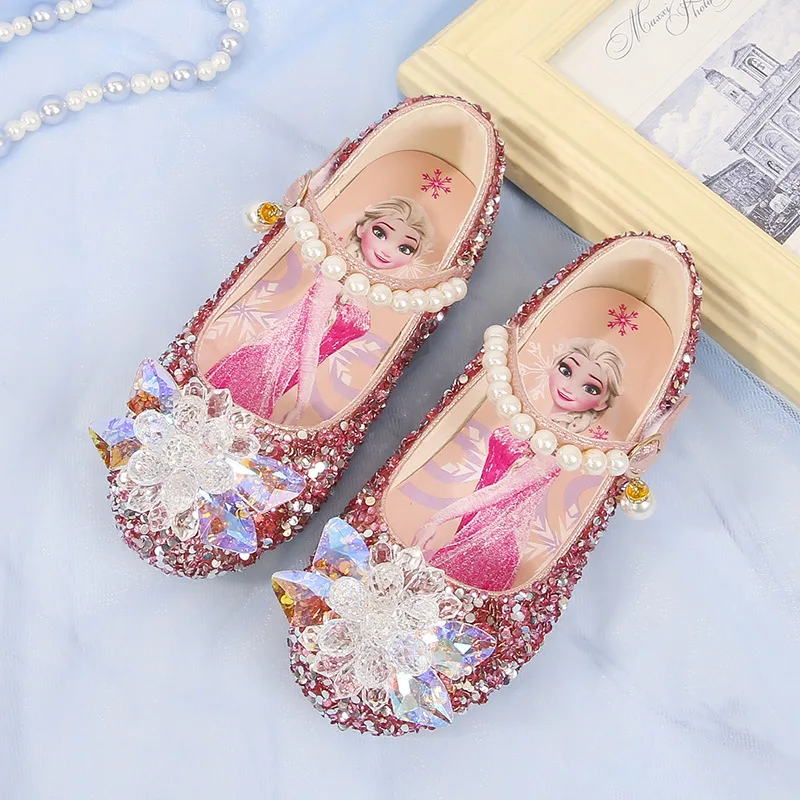 Disney รองเท้าสาวแช่แข็งเจ้าหญิงเอลซ่า Soft Sole รองเท้าฤดูร้อนเด็กคริสตัล Pearly Shiny สาวสีชมพูรองเท้าสีฟ้า