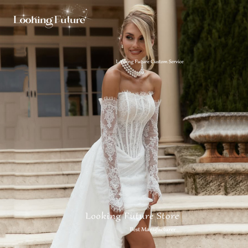 Customized Luxury Lace Appliques Mermaid Wedding Dresses White Sexy Strapless Backless Sleeveless High Slit Bridal Gowns 2026