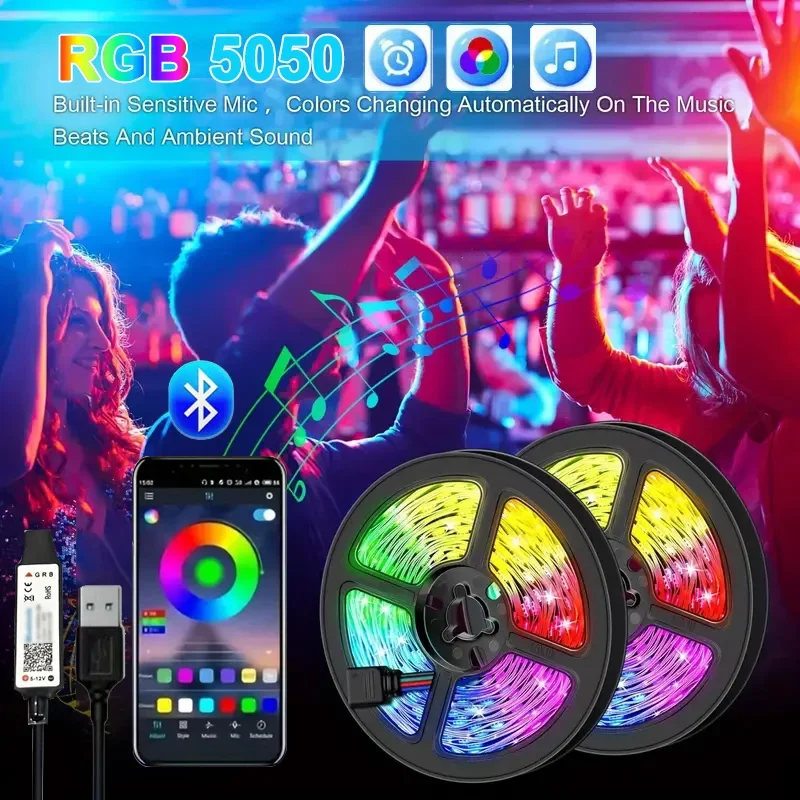 Tira de luces LED RGB 5050, Control inteligente por Bluetooth, sincronización de música, USB, 5V, cinta de lámpara Led Flexible para decoración de fiesta en habitación, retroiluminación de TV