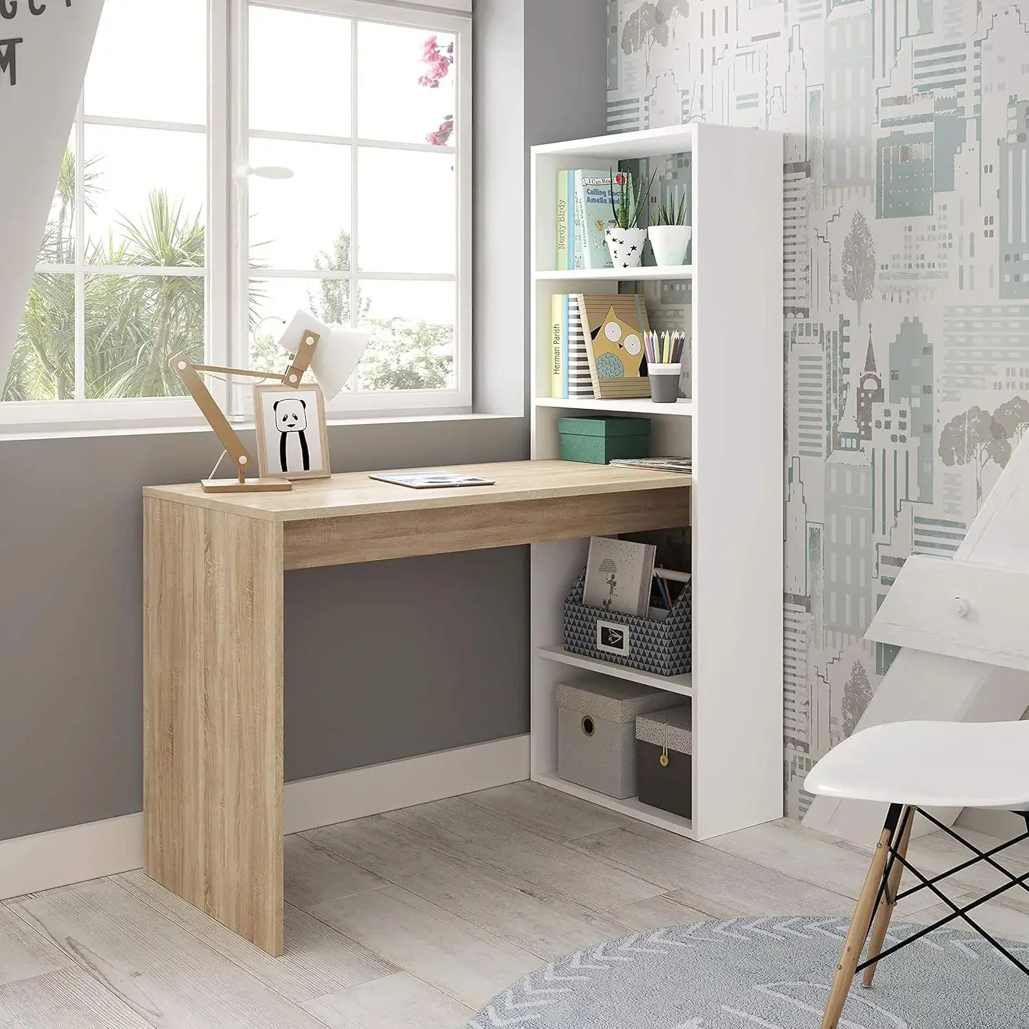 Escritorio mit Wendefunktion, Mesa Ordenador, Blanco Artik und Roble Canadian, Modelo Duplo Computertisch