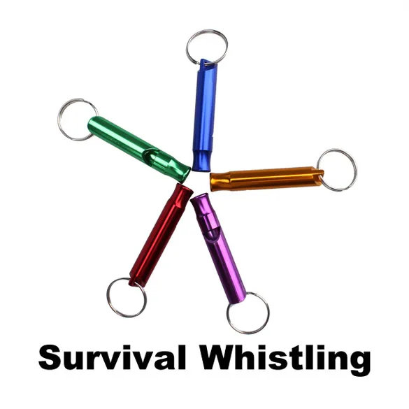 Mini apito de sobrevivência com chaveiro, apitos de bolso de metal, ferramenta EDC leve, cor aleatória para esportes ao ar livre