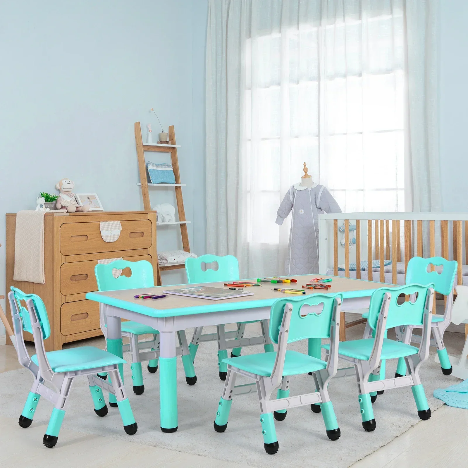 Homfa Rectangle Kids Table with 6 Chairs Set, Height Adjustable Toddler Multi Activity Table Set, Arts&Crafts Desk for 2-10 old