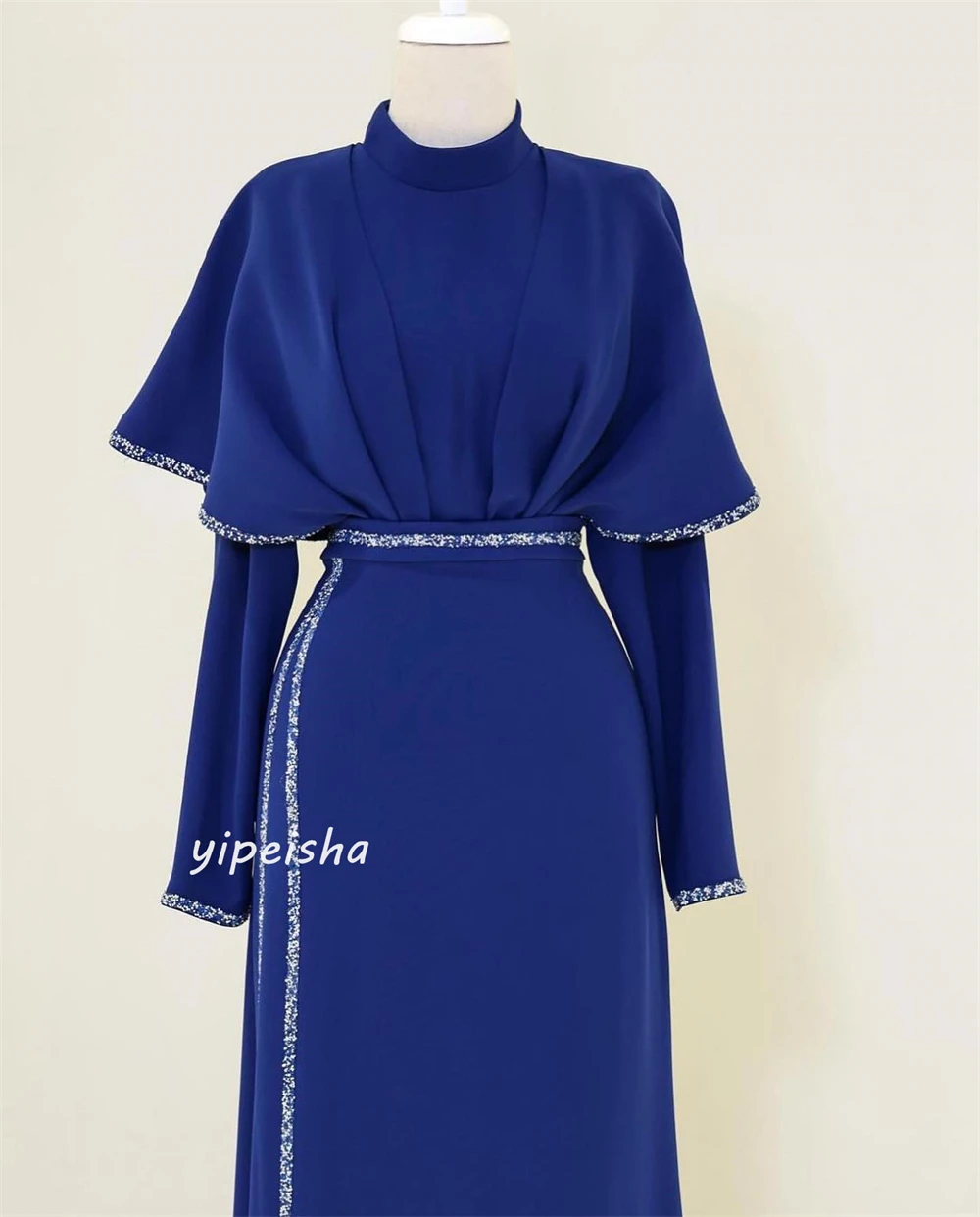 Customized Jersey Sequined Ruched Prom A-line High Collar Bespoke Occasion Gown Midi Dresses Saudi Arabia Evening Dress for Wome