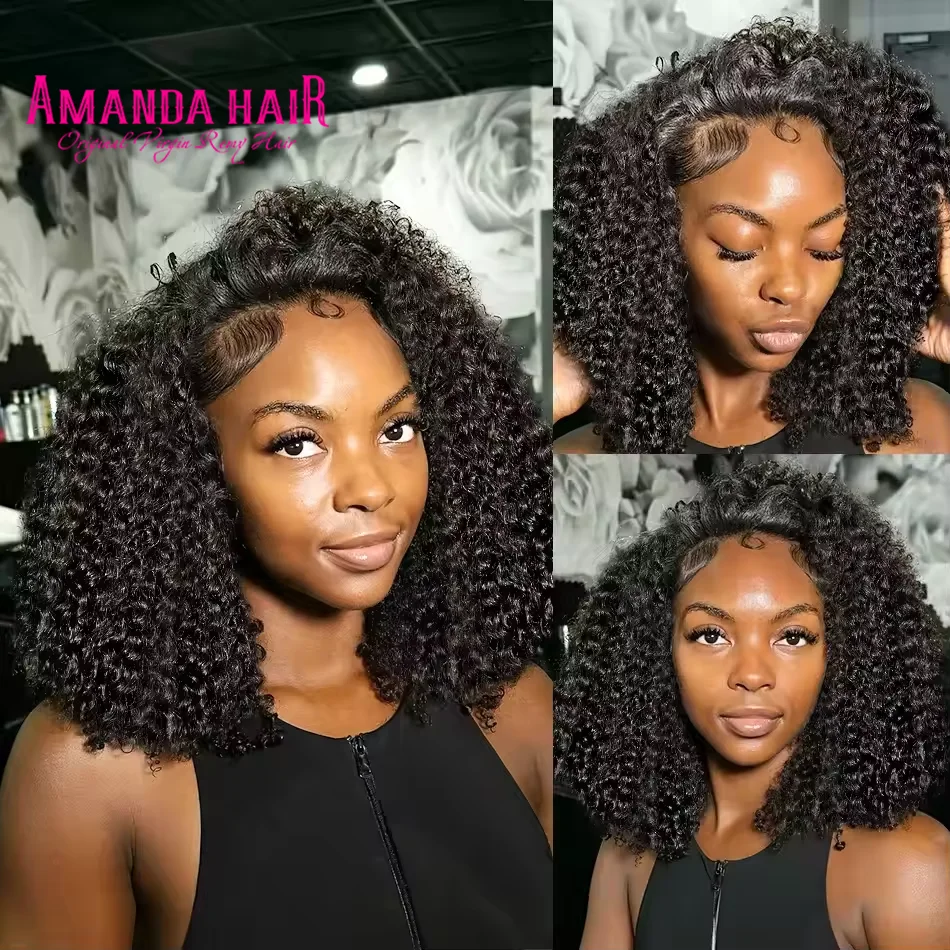220% Kinky Curly Edgeวิกผมสั้นBob PixieตัดCurly 13X4 ลูกไม้ด้านหน้าวิกผมวิกผมผมมนุษย์ก่อนPluckedผมเด็กปิดลูกไม้วิกผม