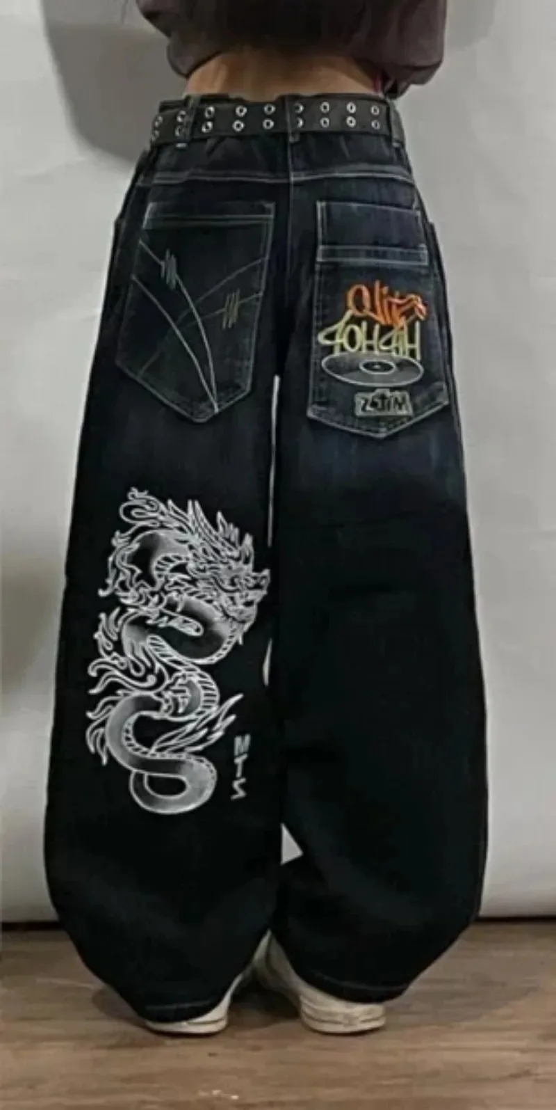 Pantalones vaqueros holgados con estampado de Hip Hop Retro para mujer, pantalones negros góticos de cintura alta, ropa de calle, Harajuku, nuevo, Y2K