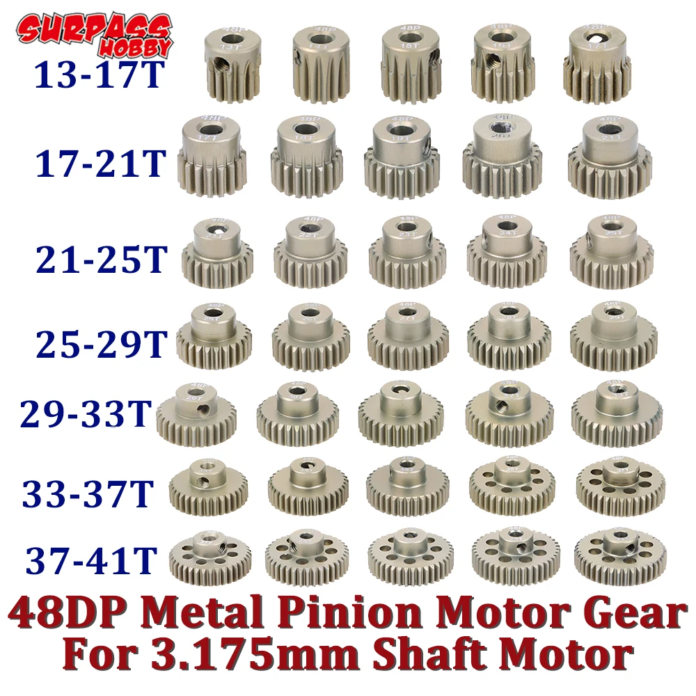SURPASS HOBBY 5PCS 3.175mm SHAFT โลหะ Pinion มอเตอร์เกียร์ 32DP 48DP 64DP M0.6 M0.8 สําหรับ 1/10 1/8 RC รถ 3650 3660 Traxxas