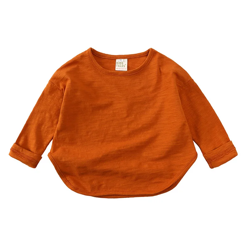 Camisa de fondo lisa con cuello redondo para niños, camiseta informal Simple de manga larga, Tops de algodón para niños, camisetas únicas para niños, otoño