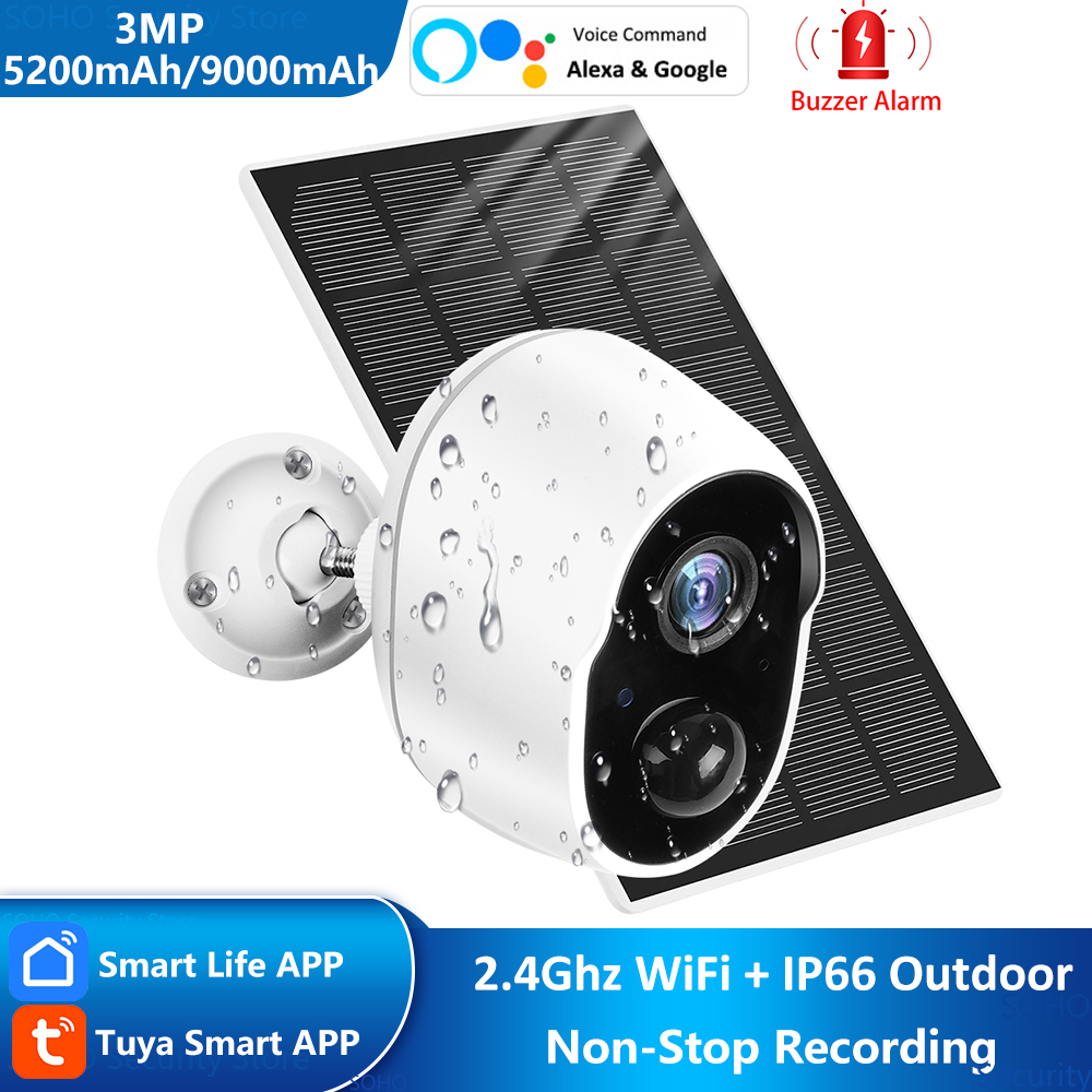 Tuya Smart Life 5200mAh Pin có thể sạc lại IP65 Ngoài trời không dây WIFI 1080P IP Còi báo động giám sát solar Camera Alexa Google