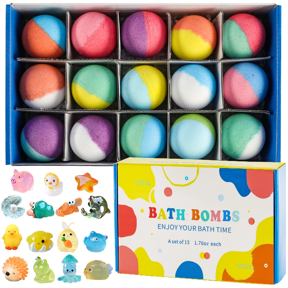 Bath Bombs สําหรับเด็กที่มีความประหลาดใจภายใน,ชุดของขวัญระเบิดอาบน้ําสําหรับเด็ก 15 แพ็ค, ออร์แกนิกธรรมชาติเด็ก Bubble Bath Fizzy พร้อมของเล่นอาบน้ํา