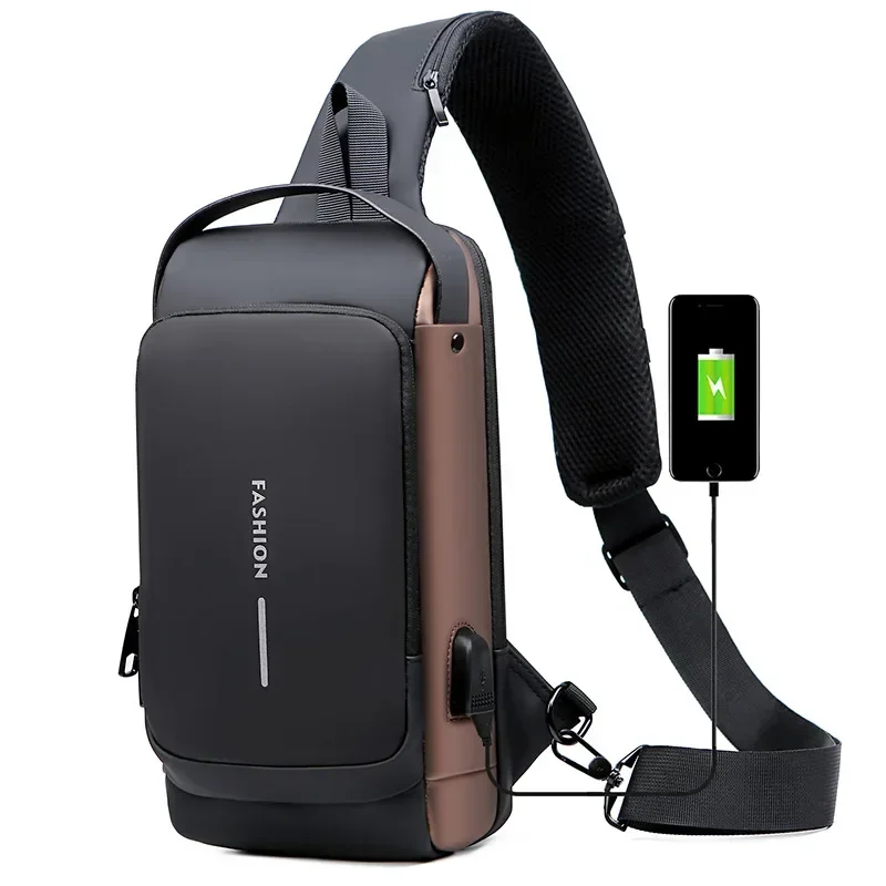 Bolsa de peito casual masculina, à prova d'água, multifuncional, antifurto, carregamento usb, bolsa crossbody de couro envernizado, bolsa de peito de viagem, pacote mal