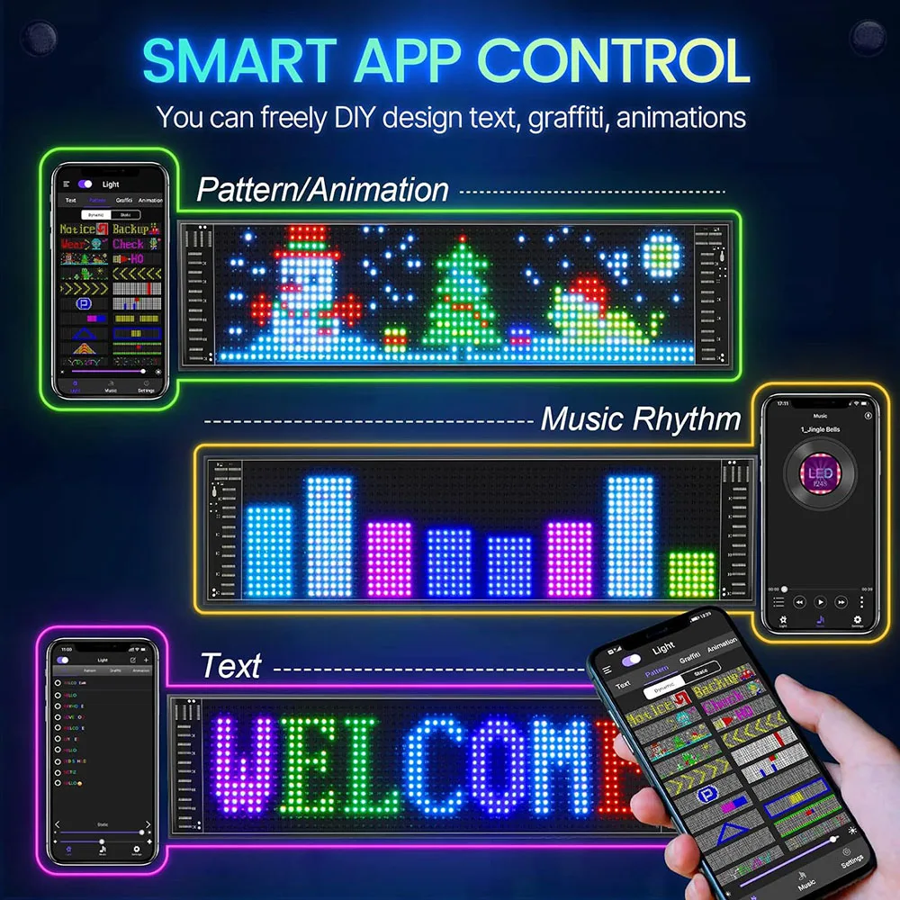 Panel de luz LED de píxeles de matriz, aplicación Bluetooth, 5V, Control USB, desplazamiento, publicidad, letrero LED para coche, animación programable para coche Sho