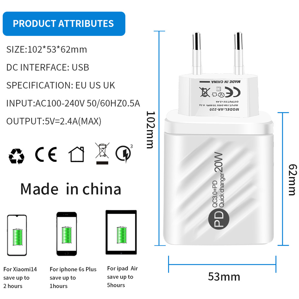 USB-Ladegerät 20 W Schnelllade-Handy-Adapter für iPhone 14 Samsung Xiaomi Huawei Quick Charge 3.0 Wand-USB-Ladegerät-Adapter