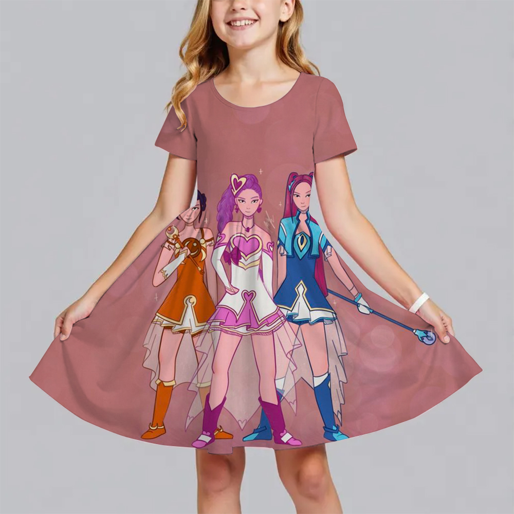 Летнее модное легкое платье из полиэстера с милым рисунком Huntrix Kpop Demon Hunters, платье принцессы с короткими рукавами и принтом для девочек