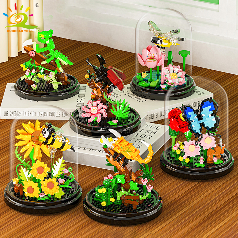 HUIQIBAO Moc 昆虫の花モデルビルディングブロック蝶植物装飾都市建設おもちゃ子供大人 DIY ロマンチックなギフト