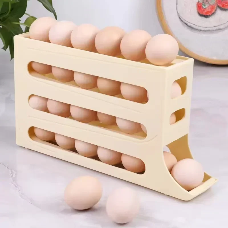 4 Tiers Egg Holder for Fridge， Automatic Egg Rolling Rack, 30 Eggs Storage Rack, Egg Distributor for Refrigerator, Egg Storage