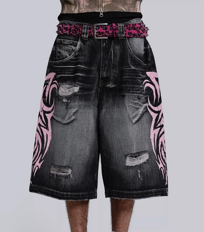 Y2k novo popular denim shorts remendo vintage shorts das mulheres dos homens rua hip hop moda harajuku punk solto cintura alta calças de perna larga