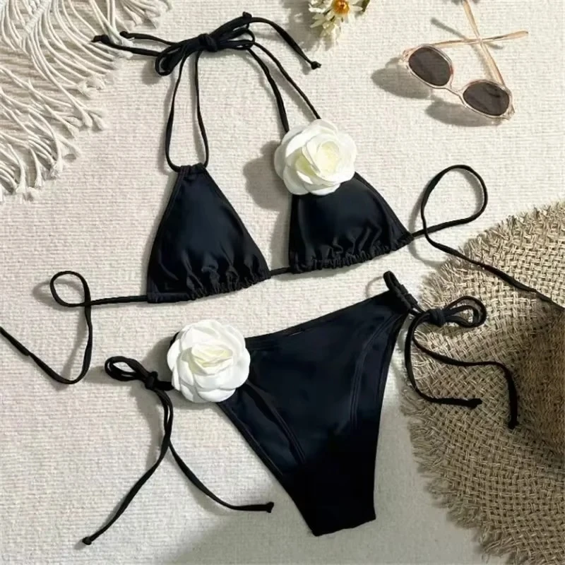 Sexy Blume Bandeau Bademode Tanga Bikini 2025, Frauen Spitze-up Badeanzüge Schwimmen Badeanzug Brasilianische Bikinis Set Mujer Biquini
