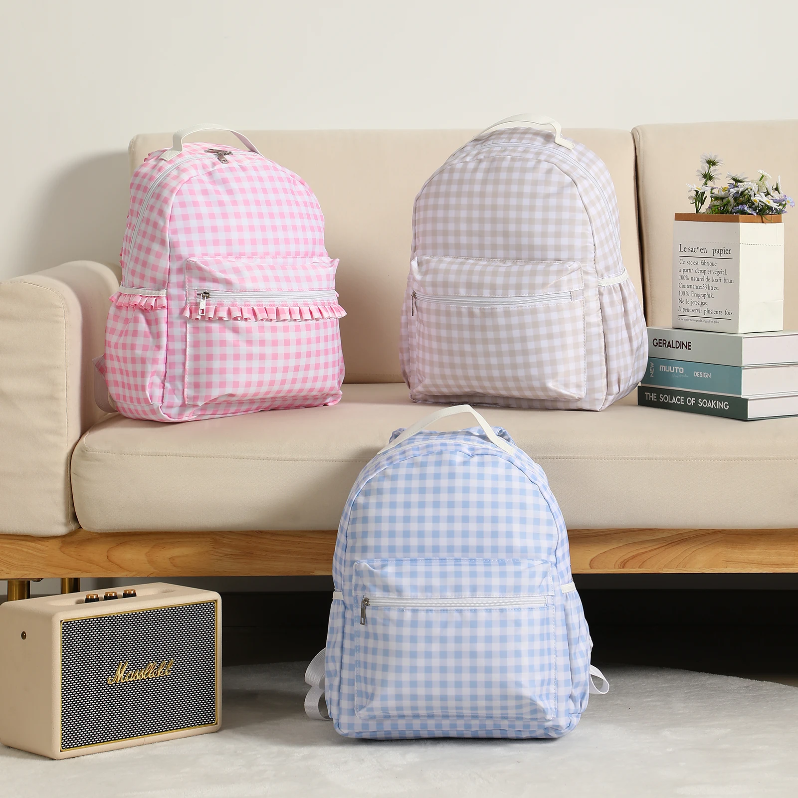 Mochila a cuadros con volantes para niña, nailon rosa/azul para mujer, viajes al aire libre, libro de fin de semana, mochilas escolares, regalos para la vuelta a la escuela para niños