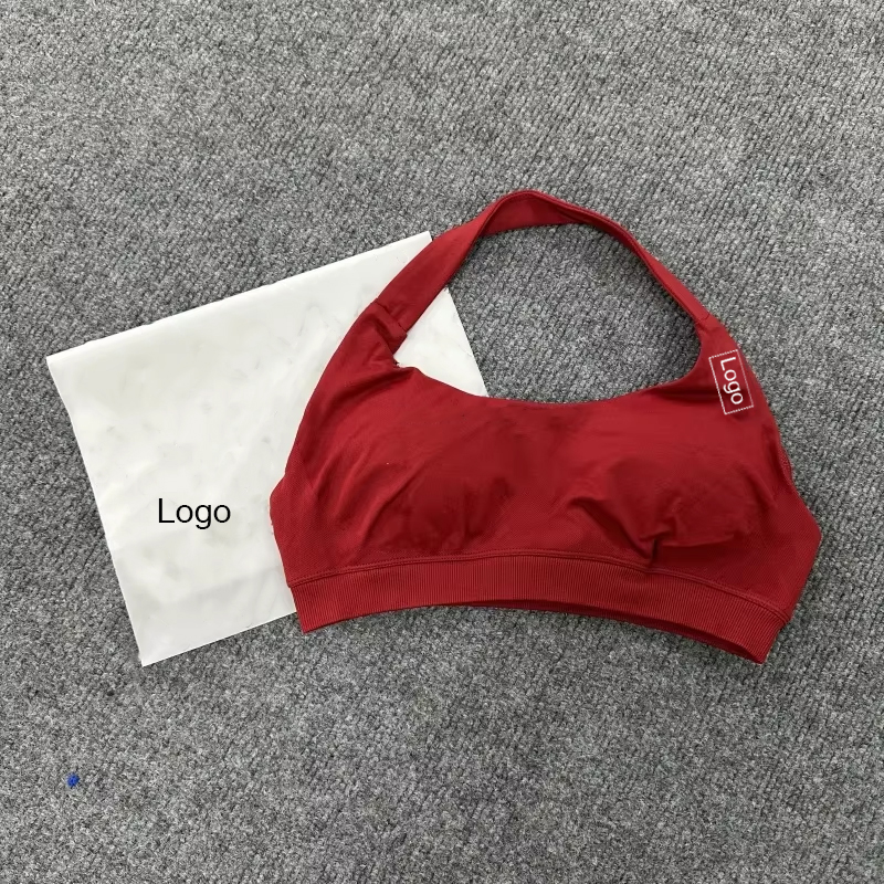 Df-Sujetador deportivo de impacto para mujer, sin costuras, con cuello Halter y tirantes, con logotipo, acolchado, espalda abierta, Top de Yoga, Top corto de soporte medio para gimnasio