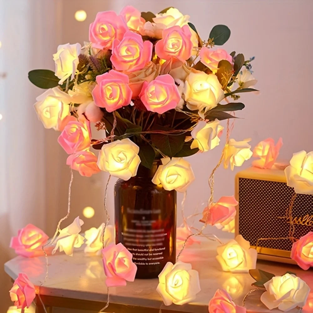 Luzes LED Rose String para decoração do quarto, Luz noturna do jardim sem bateria, Branco e rosa, 2m, 10 luzes, 1pc