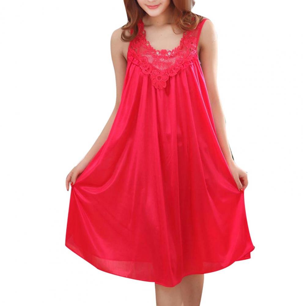 Camisón de talla grande para mujer, vestido Sexy transpirable de encaje de verano con chaleco de seda helada, camisón sin mangas para mujer