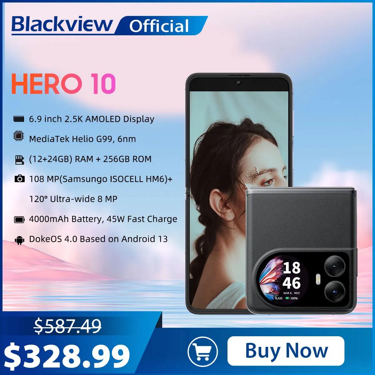 2024 Blackview HERO 10 Smartphone Pantalla plegable AMOLED de 6,9 pulgadas MTK Helio G99 12GB 256GB Cámara de 108MP 4000mAh 45W Carga NFC