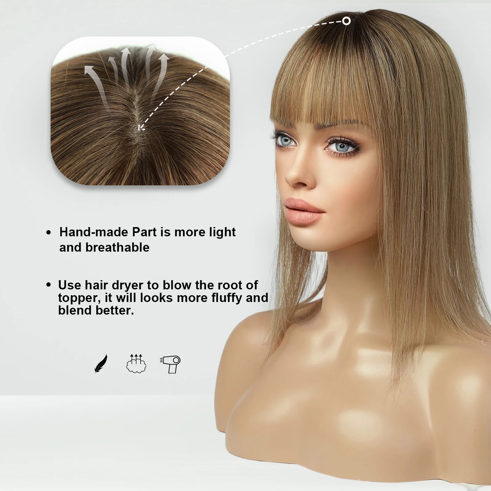 100% remy toppers de cabelo humano com franja 14in marrom ombre peças de cabelo humano para mulheres com desbaste cabelo base de seda clipe em topper