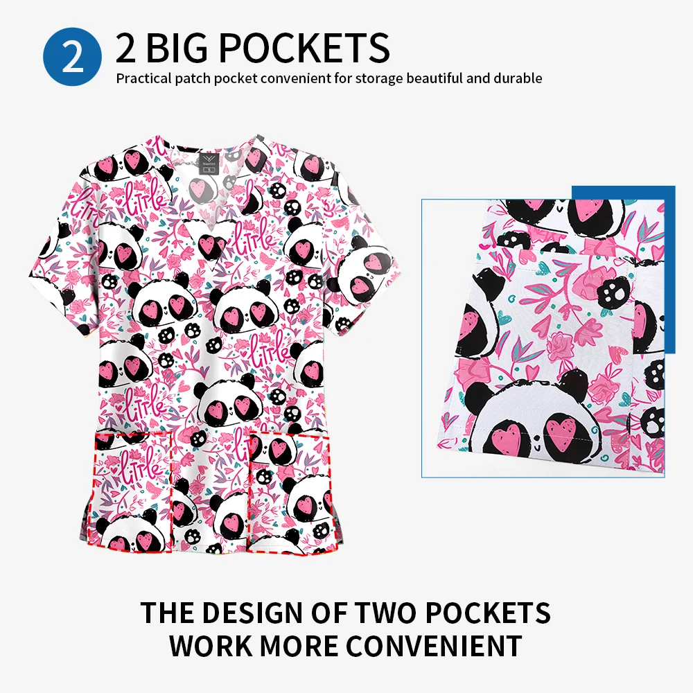 Impressão esfrega topo feminino com bolsos com decote em v esfrega uniformes pet grooming enfermeira spa cuidados camisa uniformes de enfermería para mujer