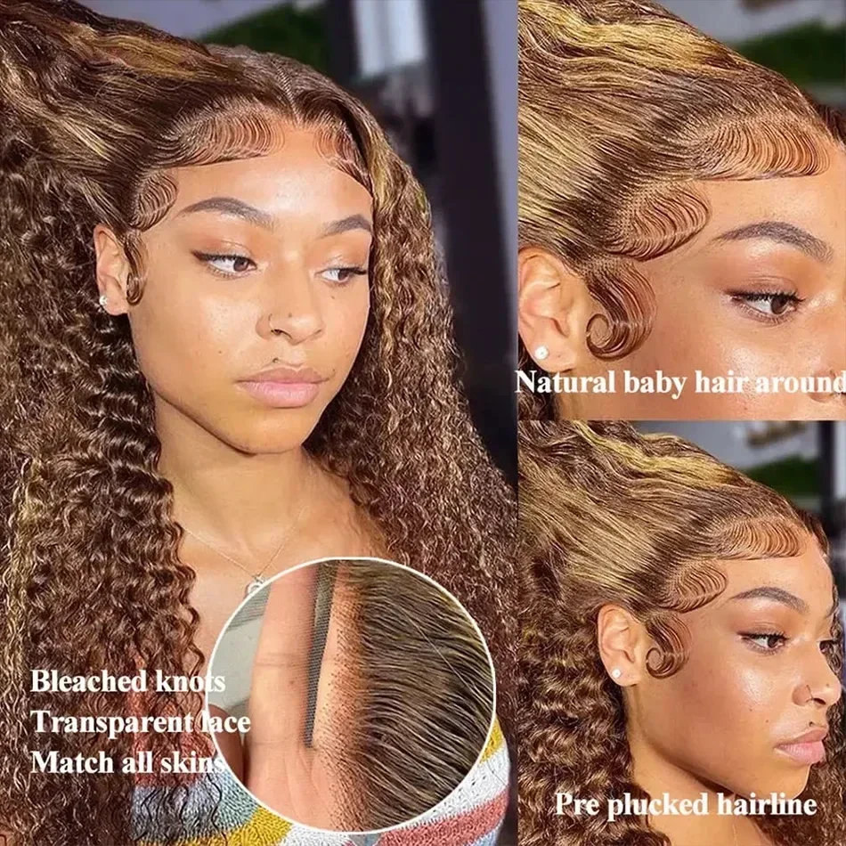 Highlight Ombre 13x4 Spitze Front Perücke lockiges Menschenhaar Perücken # honig blond gefärbtes Wasser Deep Wave Frontal Perücken für Frauen