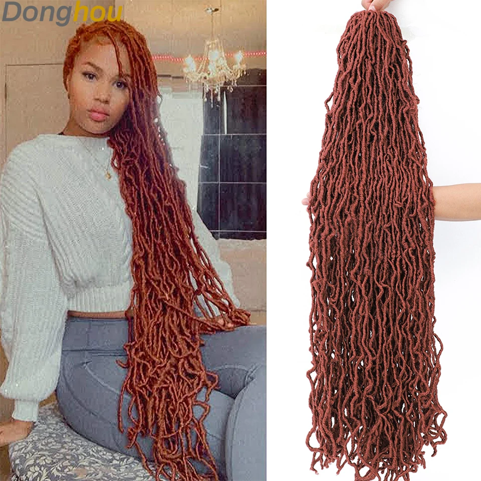 Donghou Faux Locs Crochet Hair 18 24 36 inch Pelo Sintético Faux Locks Crochet Braid Curly Hair New Burgundy Soft Locs Crochet Hair Foux locs Trenzas Postizas Para Niña Rastas Extensiones