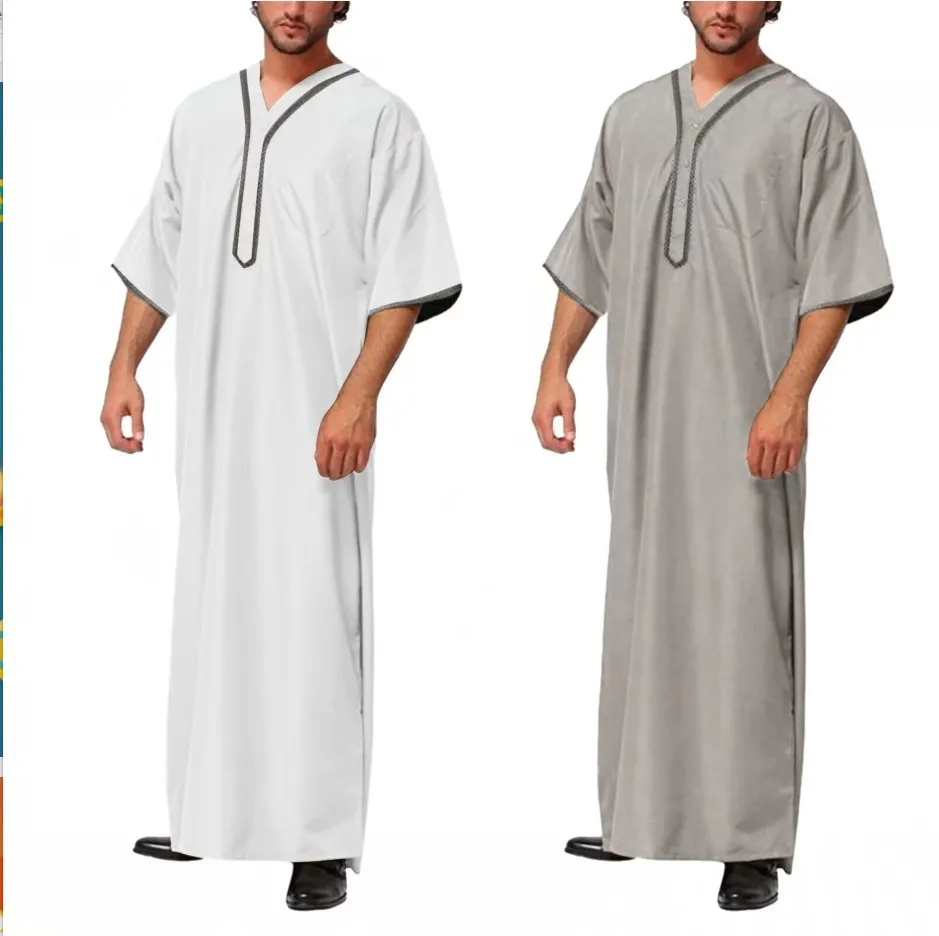 New Islamic Muslim Men's Solid Color Short Sleeve Classic Embroidery Robe Dubai Arabic Ethnic Style Men's Casual Formal Robe