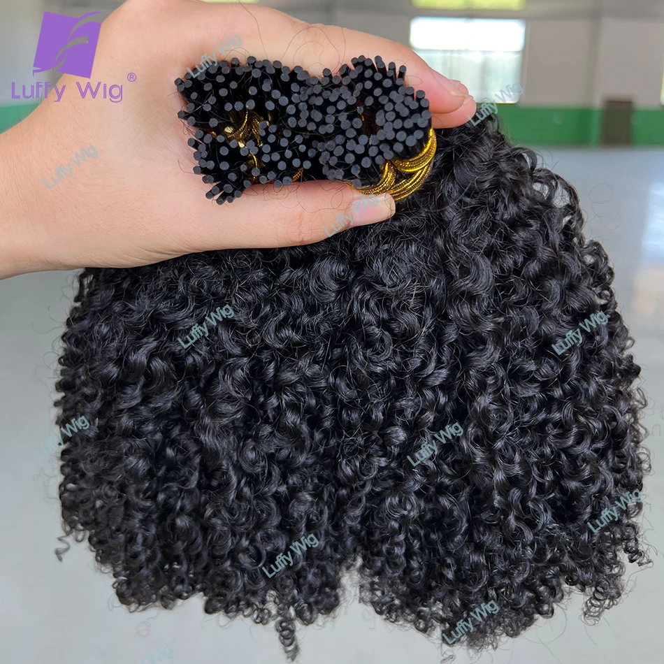 Duplo desenhado eu ponta extensões de cabelo real itip cabelo humano cru remy mongol 3c 4a afro kinky encaracolado fusão feixes de cabelo luffy