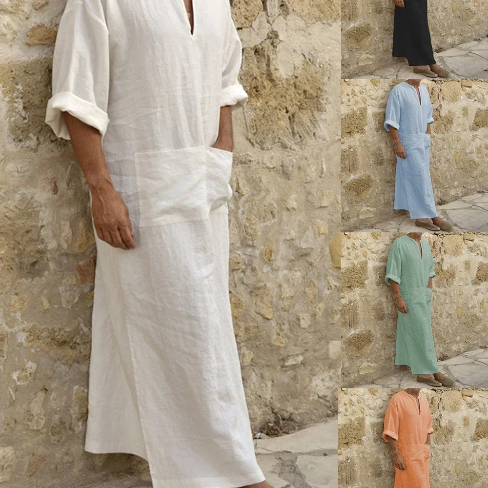 Vestido largo musulmán de lino y algodón para hombre, caftán largo de Oriente Medio, talla grande, Color sólido, Retro, árabe, islámico, informal