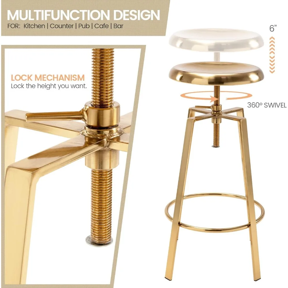 Atlas Industrial Bar Stools Set of 2, Adjustable Swivel Four Legged Round Metal Barstools